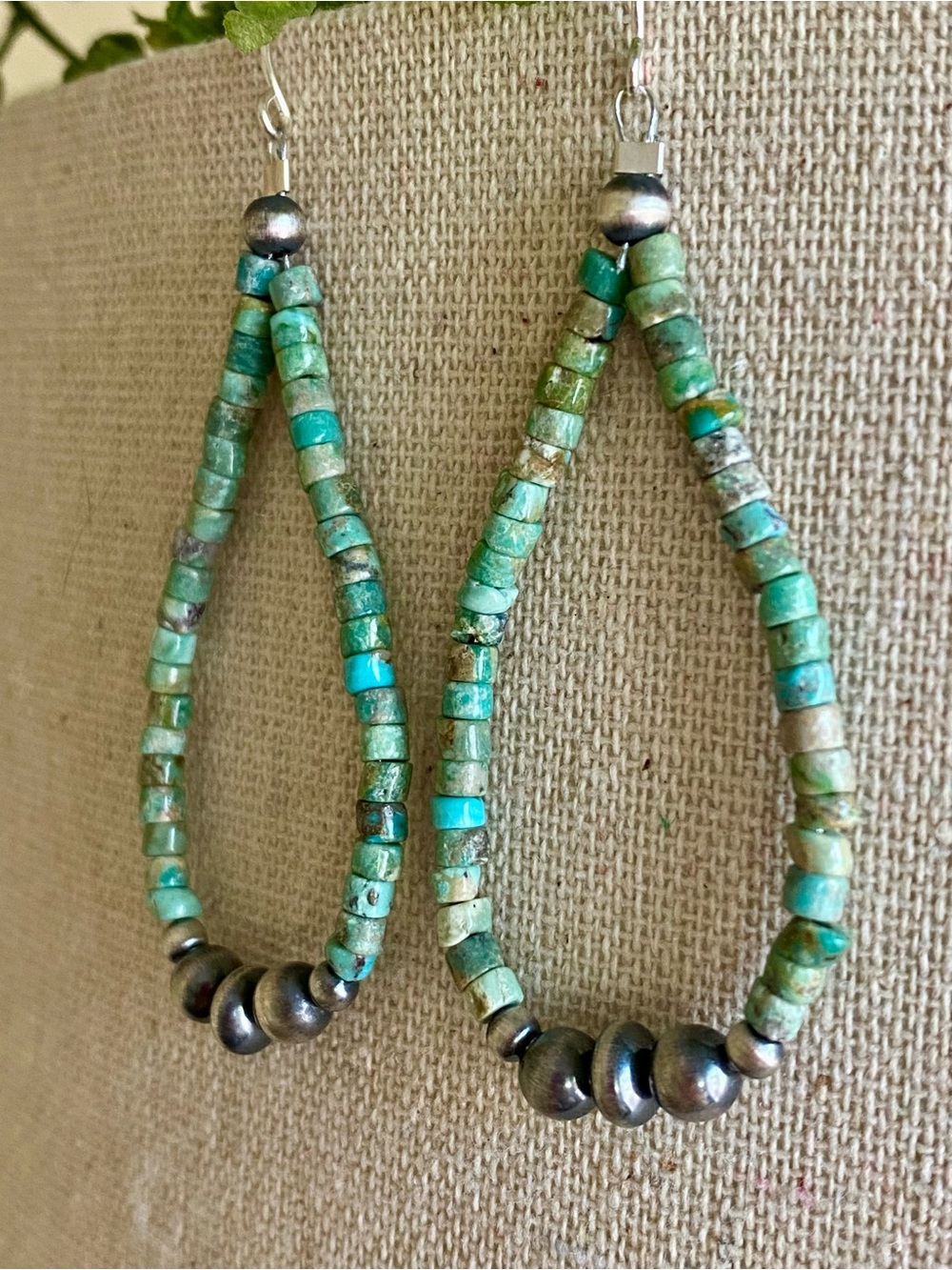 E16 Turquoise Heishi bead & sterling silver desert pearls dangle hoop earrings